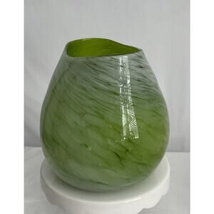 Hand blown Art Glass In Vibrant Lime Green&White Swirl Vase Oval shaped Rim